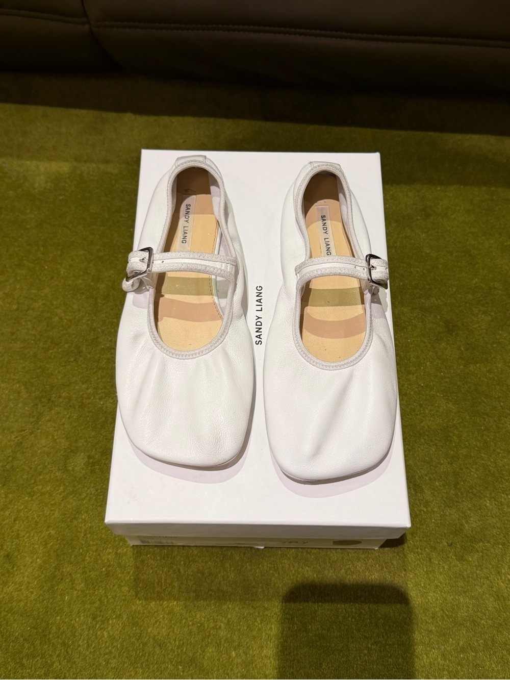 Sandy Liang White Leather Mary Jane Flats